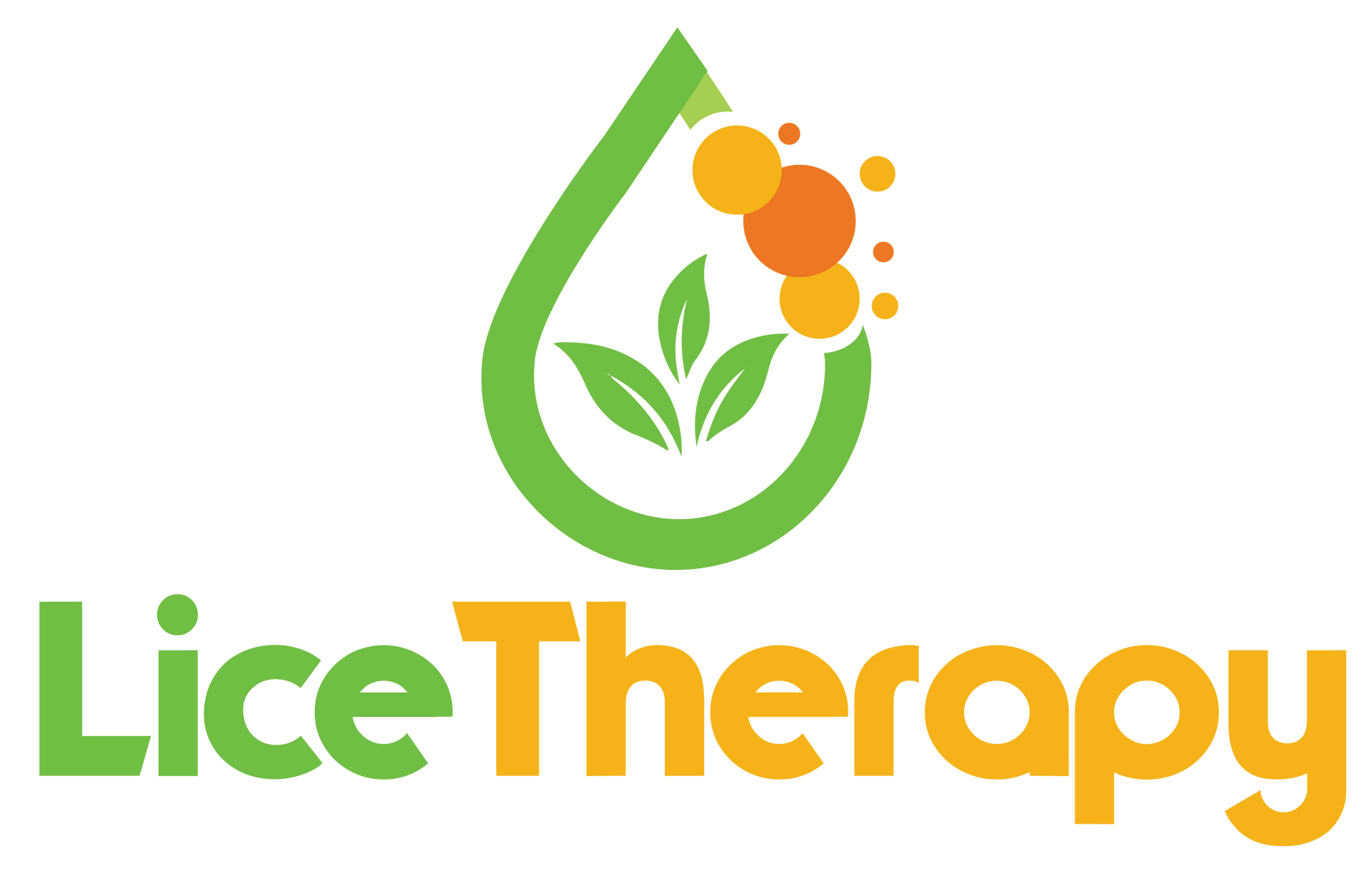 Logo for Lice Therapy: green teardrop shape with leaves, orange bubbles, and the text 