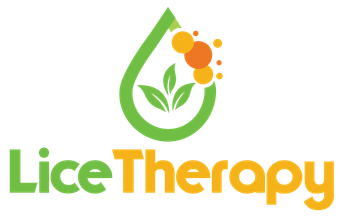 Logo for Lice Therapy: green teardrop shape with leaves, orange bubbles, and the text 
