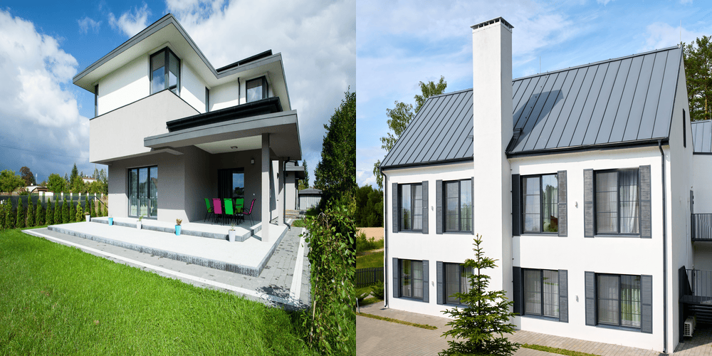 Split-screen view showing the exterior of a modern, two-story house with a patio on the left and a white facade on the right.