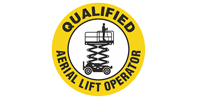 A yellow circular badge featuring a black silhouette of a scissor lift and operator, labeled 