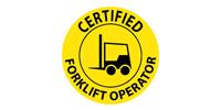 A yellow circle emblem with a black forklift icon and the text 