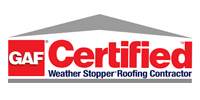 GAF Certified Weather Stopper Roofing Contractor logo. Red GAF logo and red 