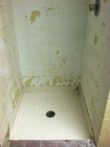 A worn, off-white shower stall with stained, peeling wall tiles and a drain on the shower floor.