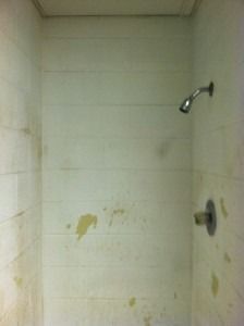 A shower stall with white tiled walls that have patches of discolored, peeling, and stained areas.