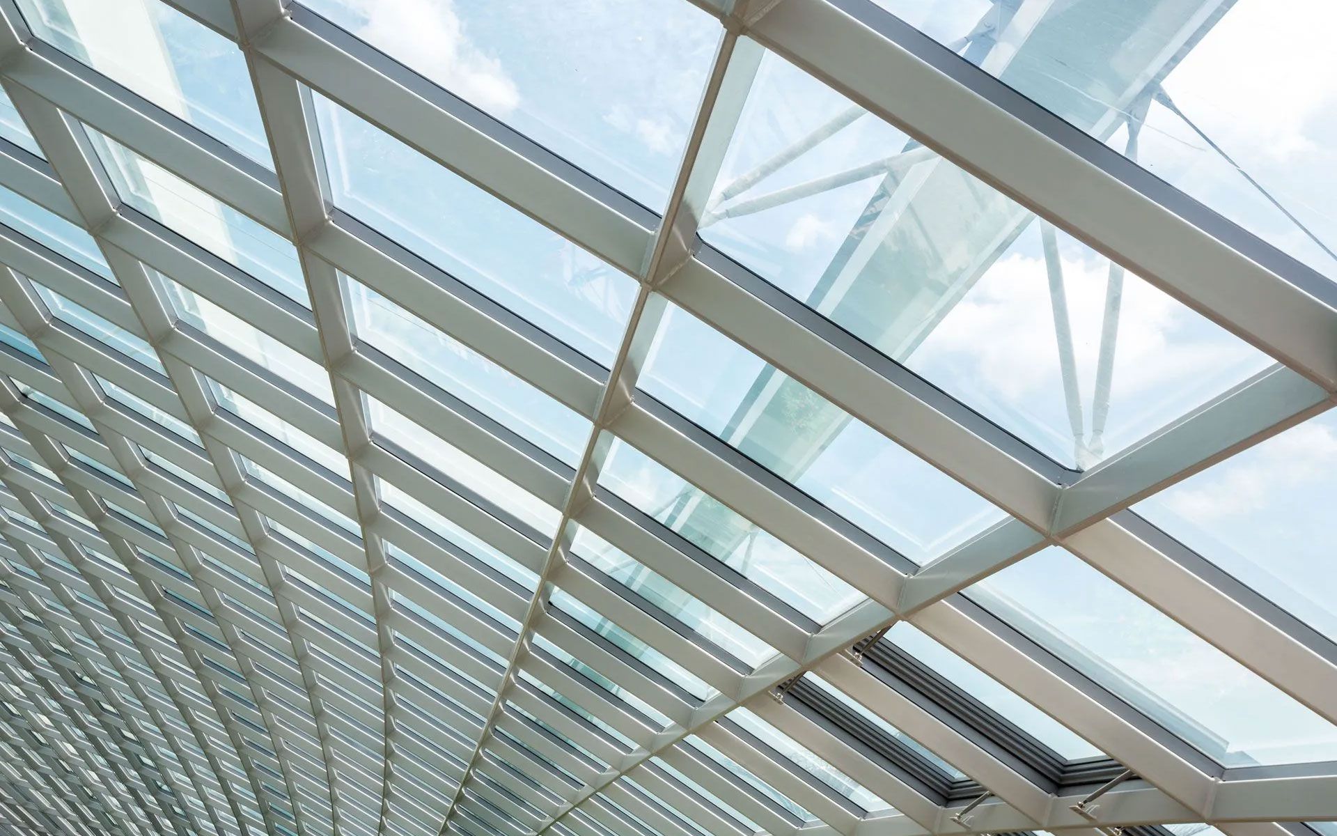 A curved modern glass ceiling with a white metal grid frame against a bright sky.