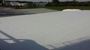 A white, smooth industrial roof surface seen from an elevated angle, with a distant treeline and buildings in the back.