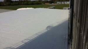 A clean, white, flat roof surface stretches toward a grassy field and a building in the distance.