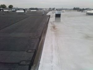 A split-view of a commercial flat roof showing a dark, textured surface transitioning to a smooth, light-colored section.