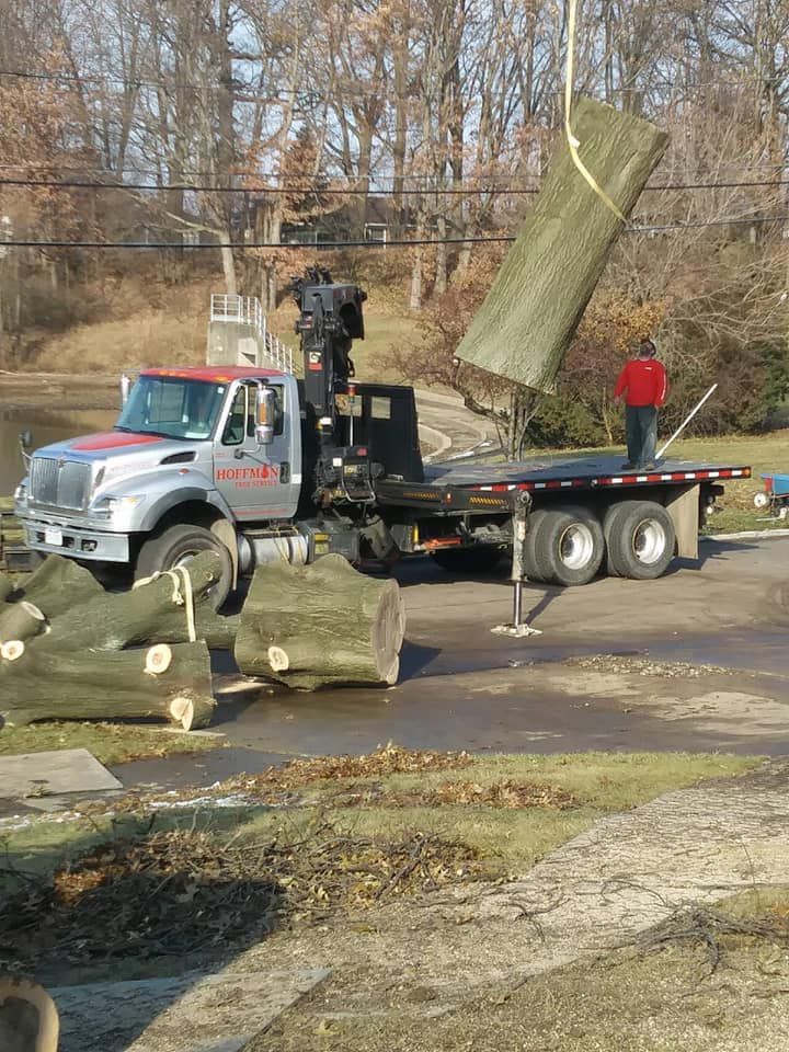 A flatbed truck is carrying a large piece of wood