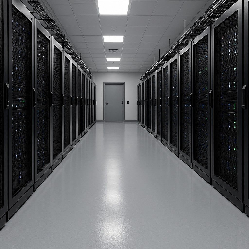 Epoxy-coated data center floor with black server racks and overhead cable trays.

