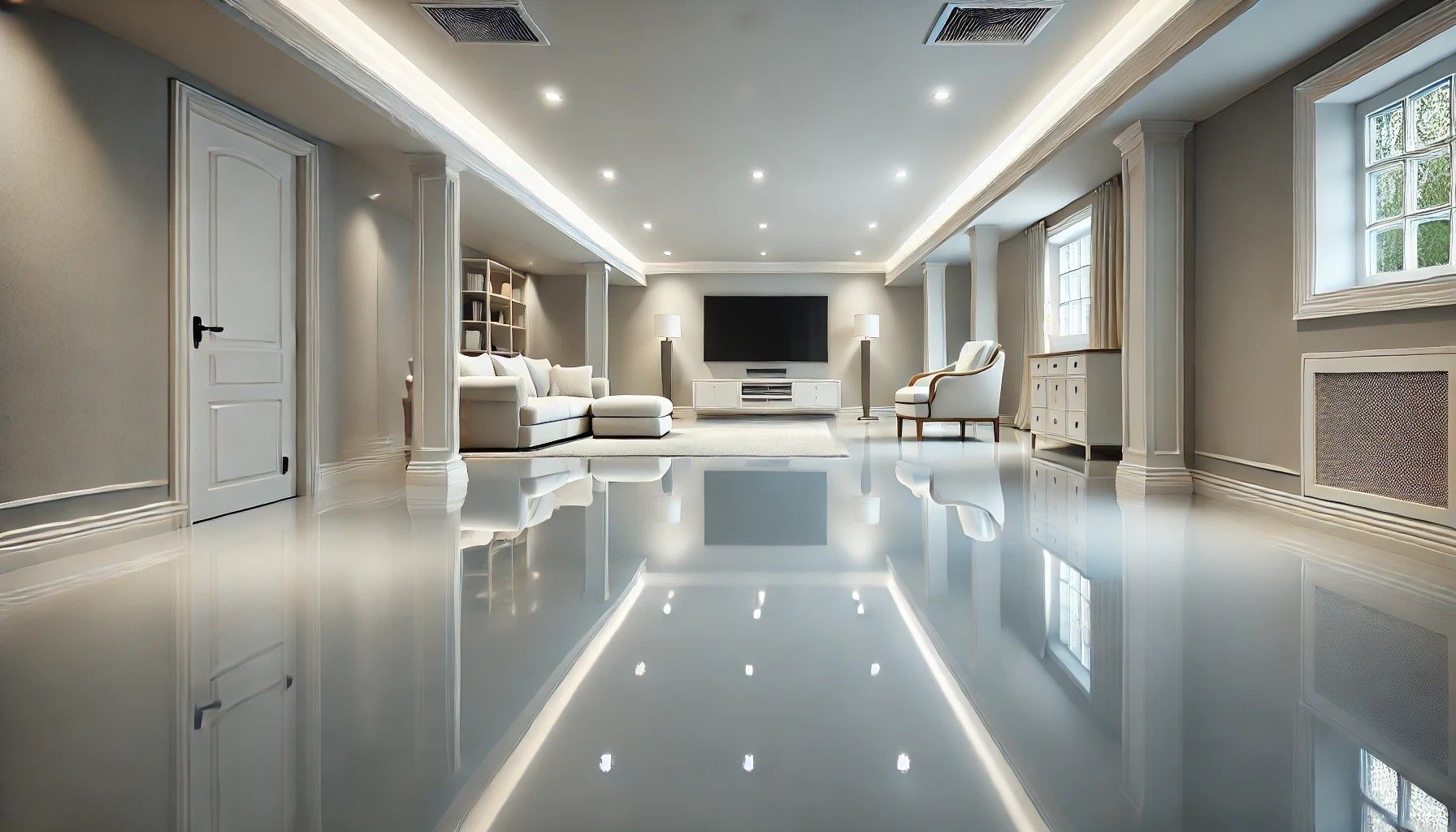 Clean residential basement with glossy epoxy floor, soft lighting, and neutral walls.






