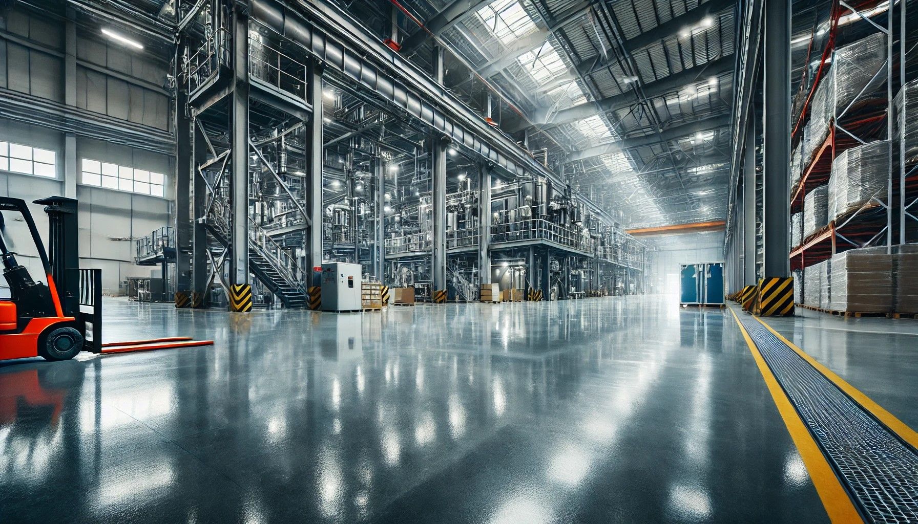 Industrial warehouse with smooth, reflective epoxy-coated floor