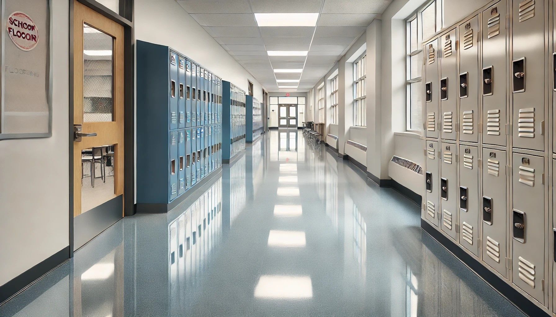 School hallway with seamless, polished epoxy floor reflecting bright lighting