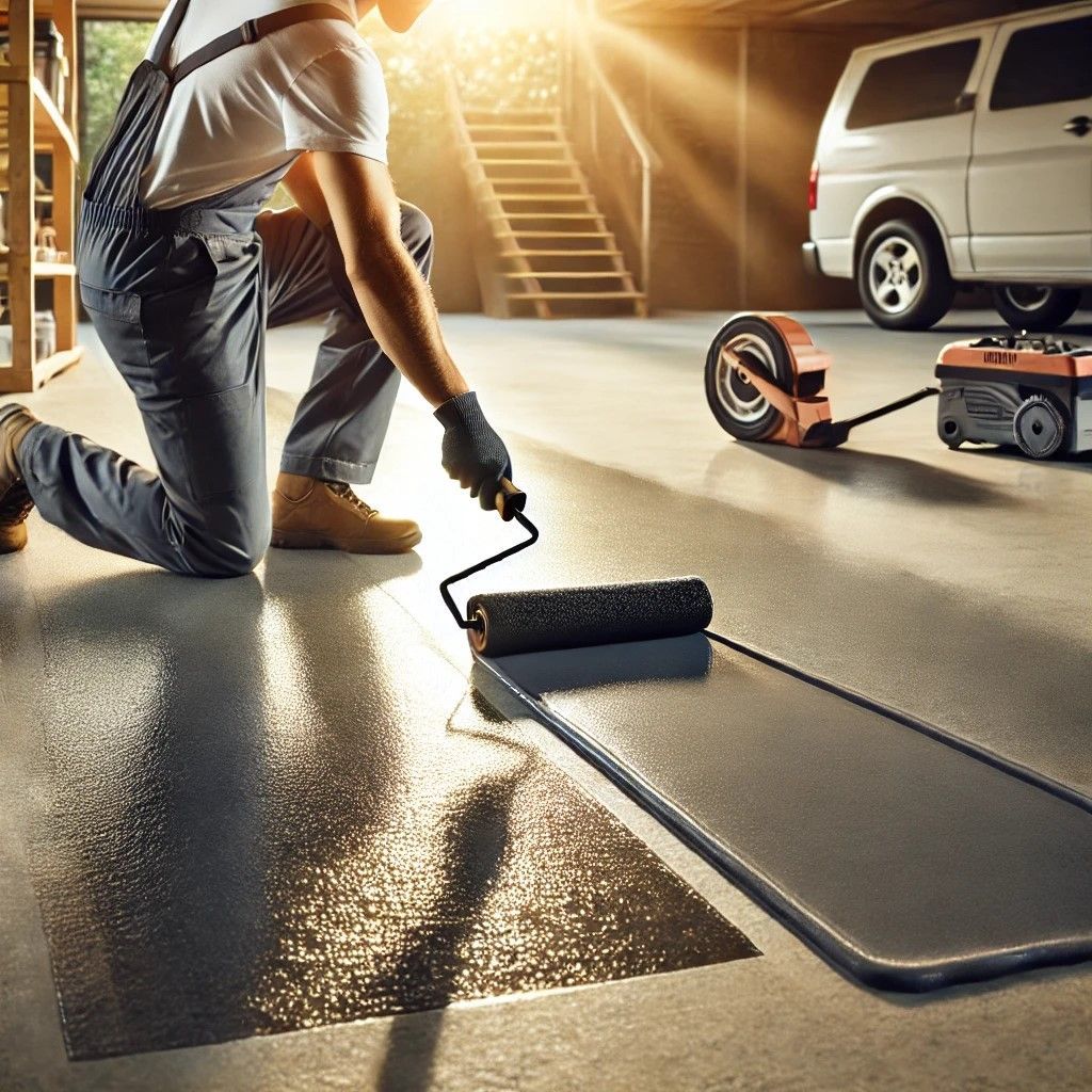 Technician applying epoxy coating on a concrete floor, showcasing a smooth, glossy finish in a clean