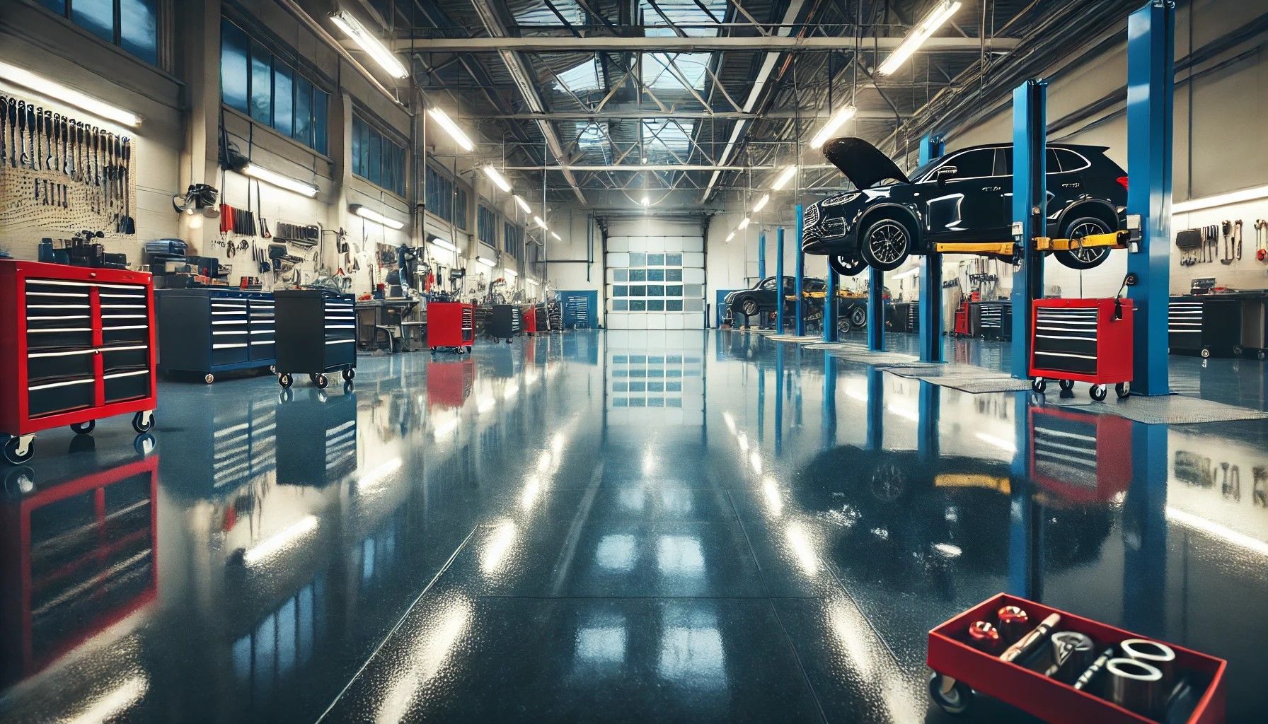 Polished epoxy floor in an automotive workshop with tools, car lifts, and bright lighting.