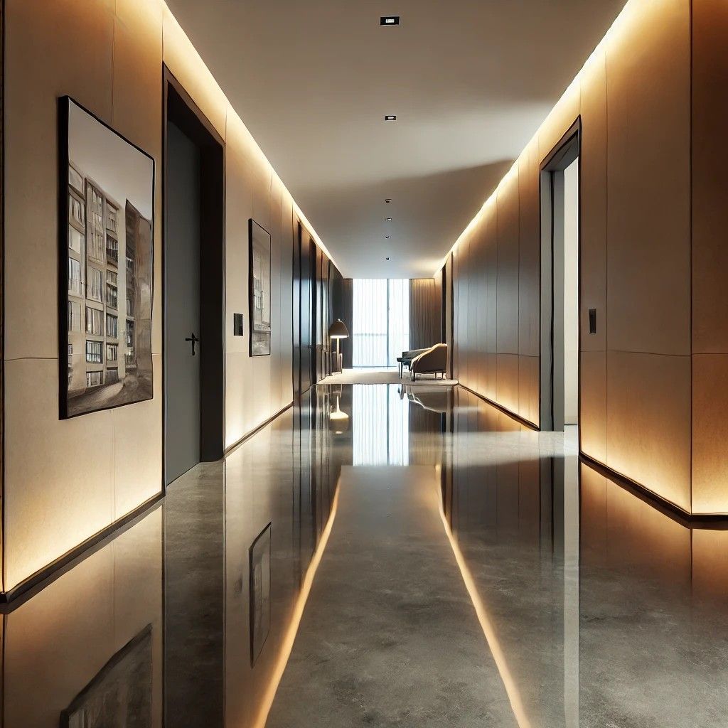 Modern apartment hallway with high-gloss epoxy flooring and warm-toned walls.


