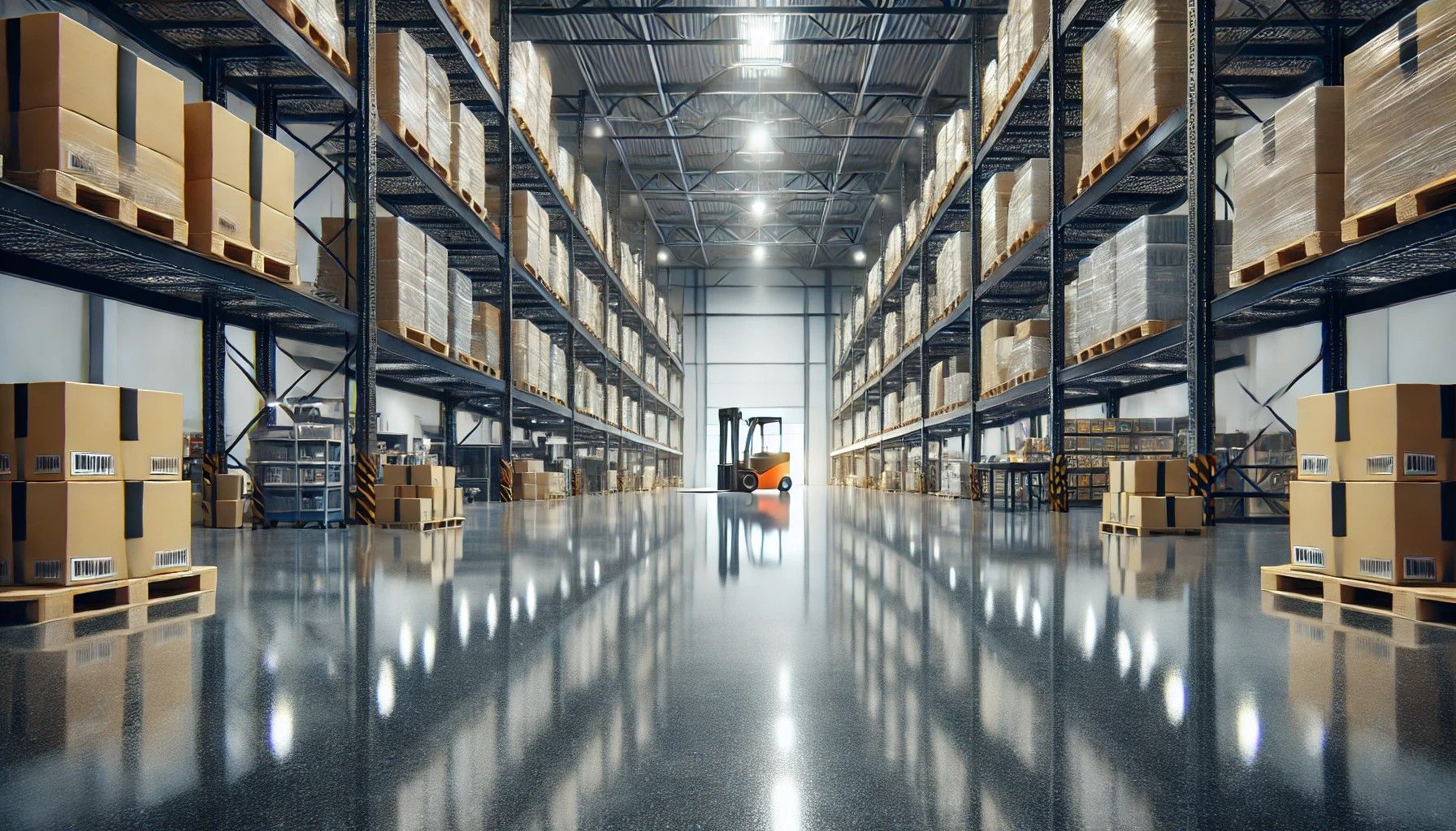 Polished epoxy floor in a modern warehouse with industrial shelving and bright overhead lighting.