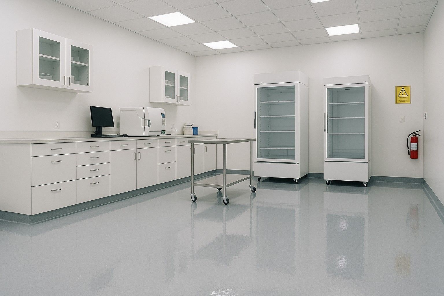 A clean, high-gloss epoxy floor in a modern medical lab. 