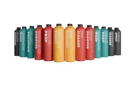 Assorted bottles of car cleaning products in various colors, each labeled with its purpose.