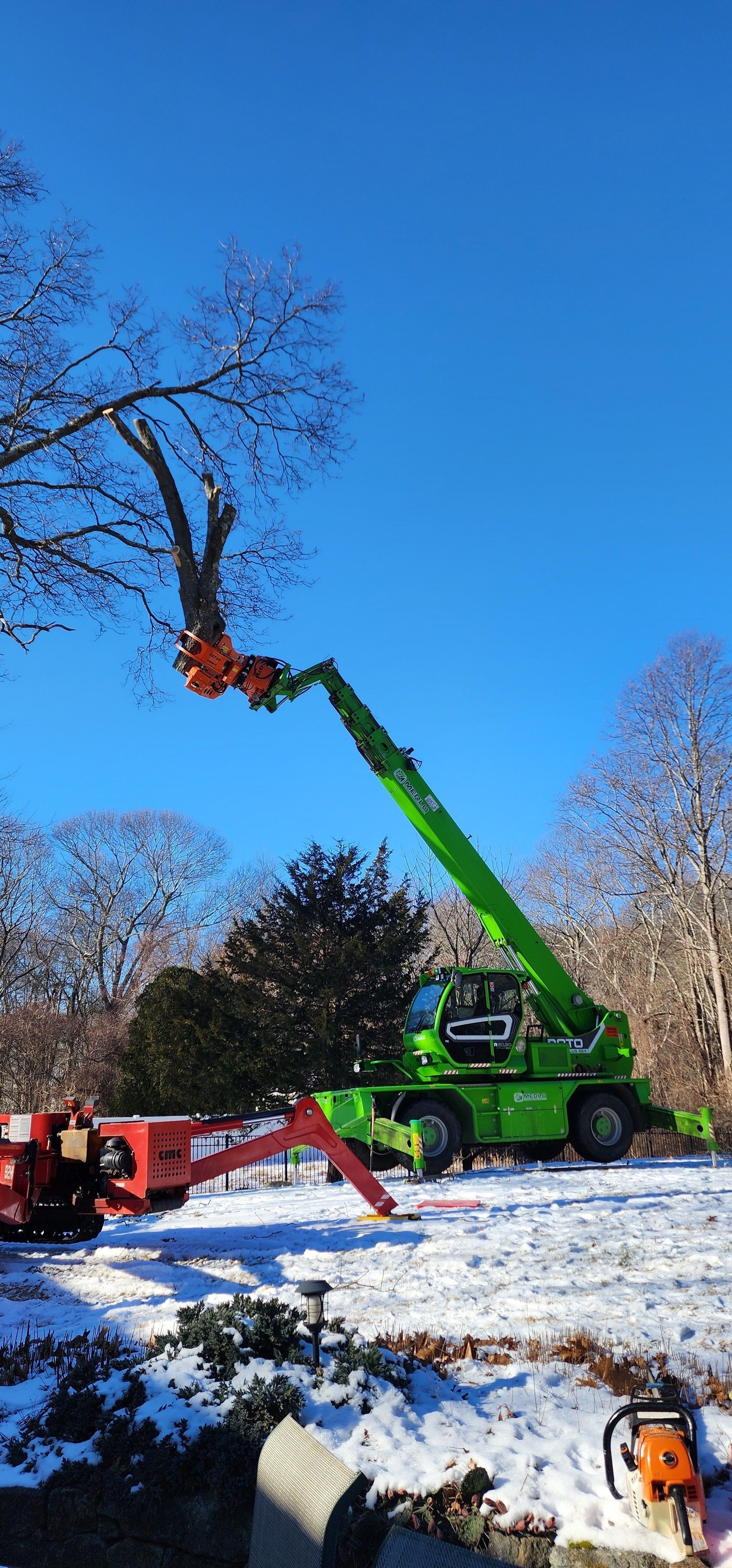 A green crane is cutting a tree in the snow.
