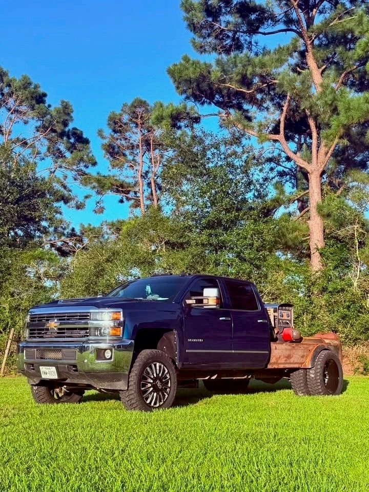 Black pickup truck on grass with trees and blue sky in the background