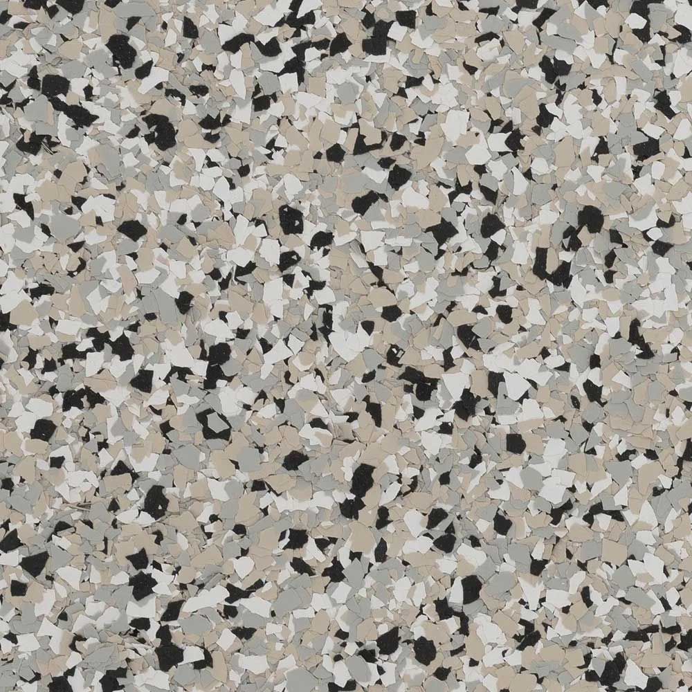 Floor coating with speckled pattern in black, gray, beige, and white.