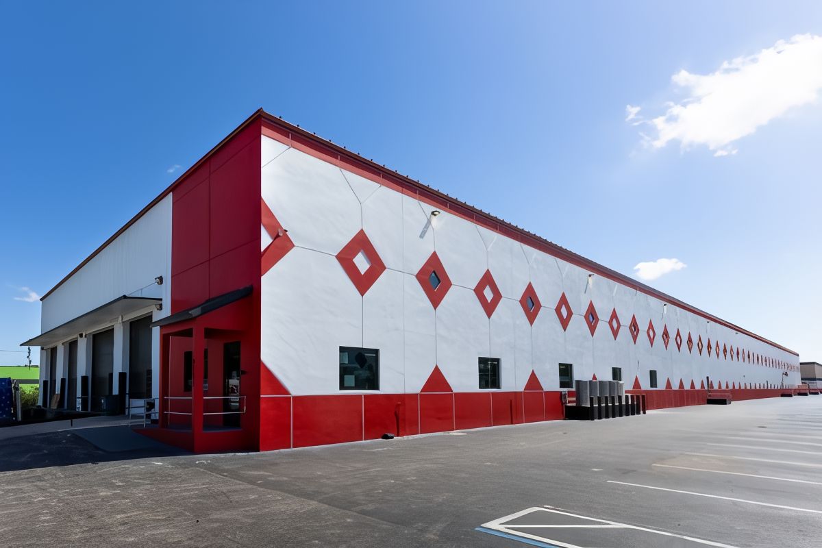 Large white warehouse with red trim and diamond accents beside an empty parking lot under a blue sky