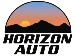Horizon Auto logo with sunset over mountains in a circular emblem, black and orange text
