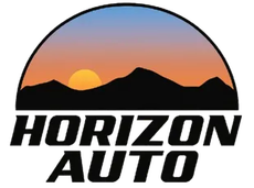 Horizon Auto logo with sunset over mountains in a circular emblem, black and orange text