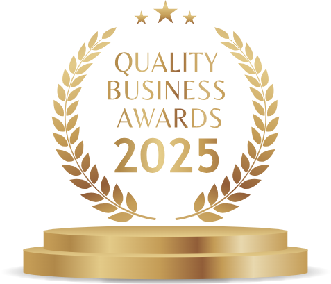 Golden awards logo on a pedestal with a laurel wreath and text