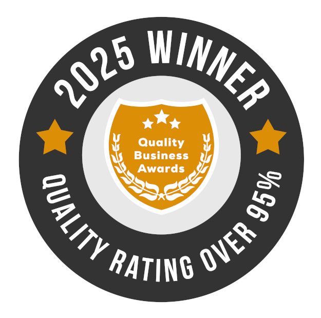 2025 Quality Business Awards winner badge; gold, black, and white colors; Quality rating over 95%.