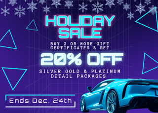 Holiday sale offering 20% off silver, gold & platinum detail packages, ends Dec. 24th. Features a blue car.