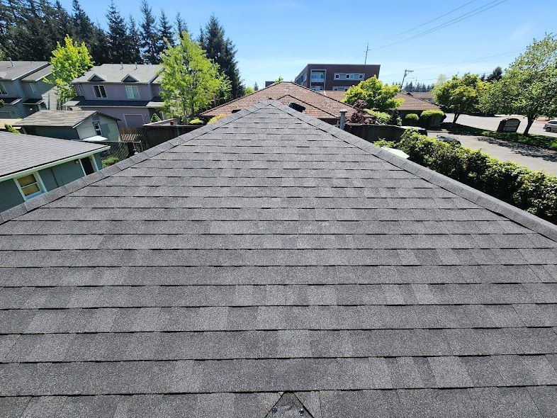Rooftop shingle view with suburban houses, trees, and blue sky in the distance