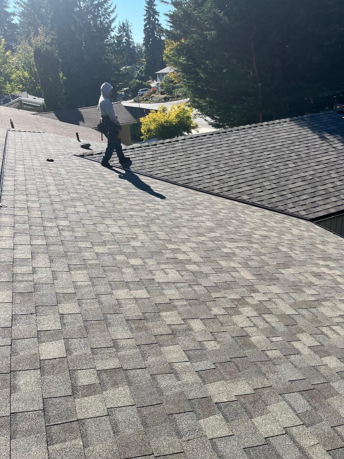Person walking across a sunlit rooftop with dark gray shingle patterns and trees in the background