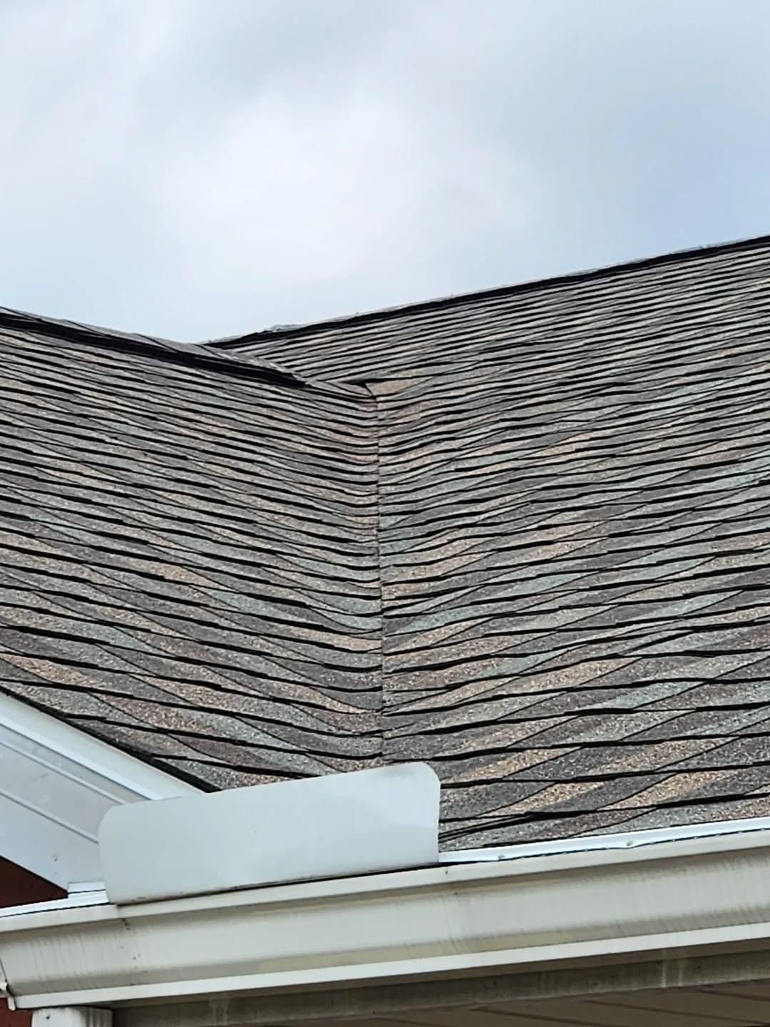Roof shingles with a gutter and downspout against a cloudy sky