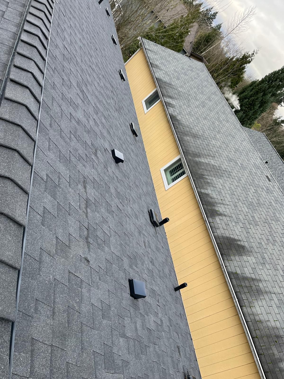 Sloped gray shingle roof with black vents beside a yellow-sided building and trees in the background