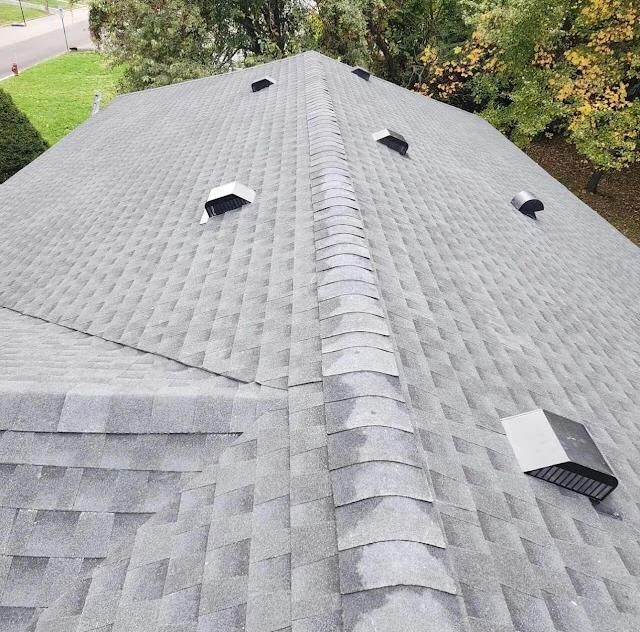 Gray shingled roof with several black vents, viewed from above, bordered by trees and a grassy yard