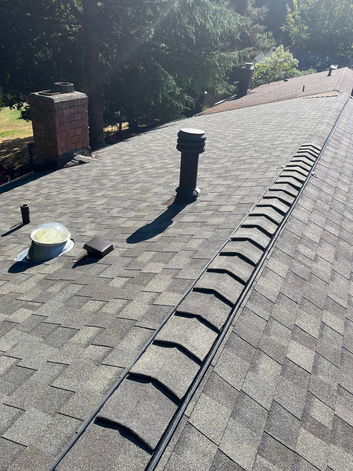 Rooftop with gray shingles, vents, and a sloped ridge under bright sunlight