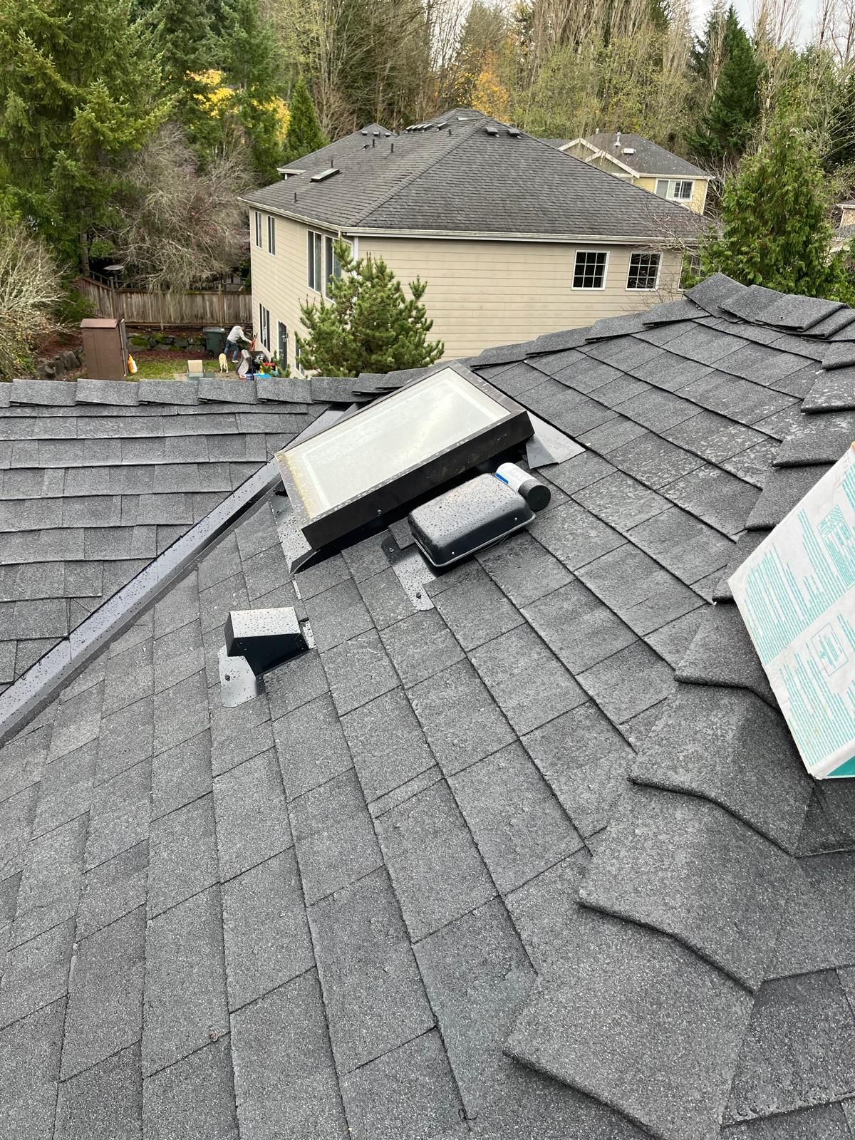 Roof with skylights and vents on gray shingles, viewed over a wooded neighborhood.