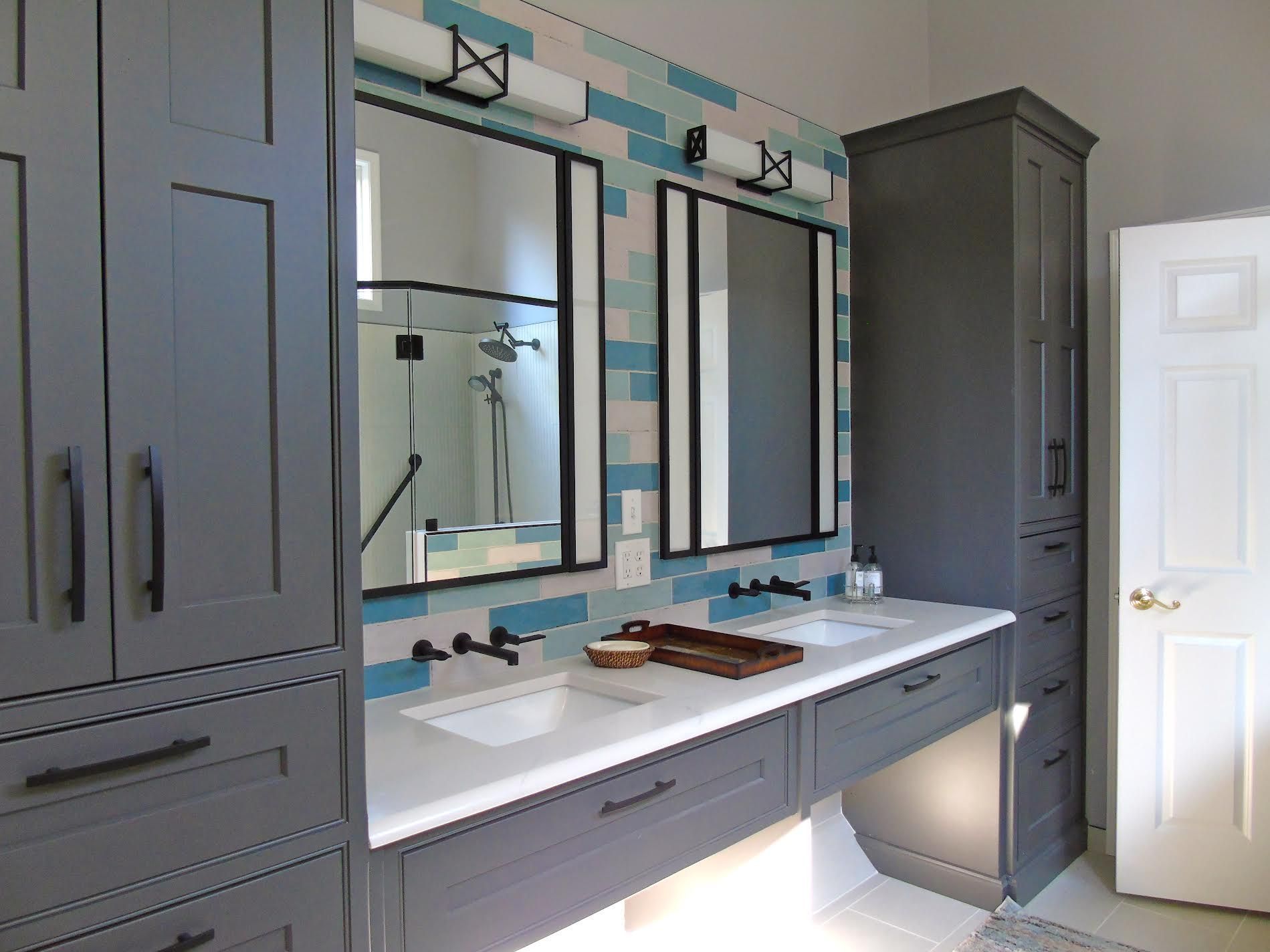 Gray bathroom with double vanity
