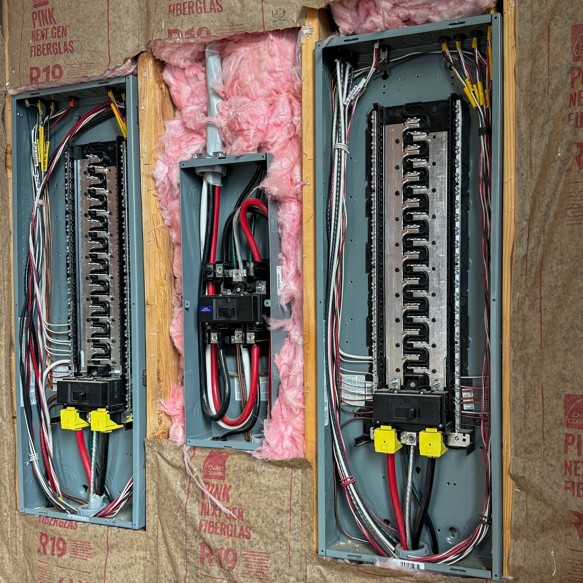 Three electrical panels installed in a wall with exposed wiring and pink insulation