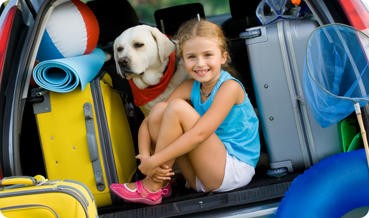 A girl with her dog at the back of their car
