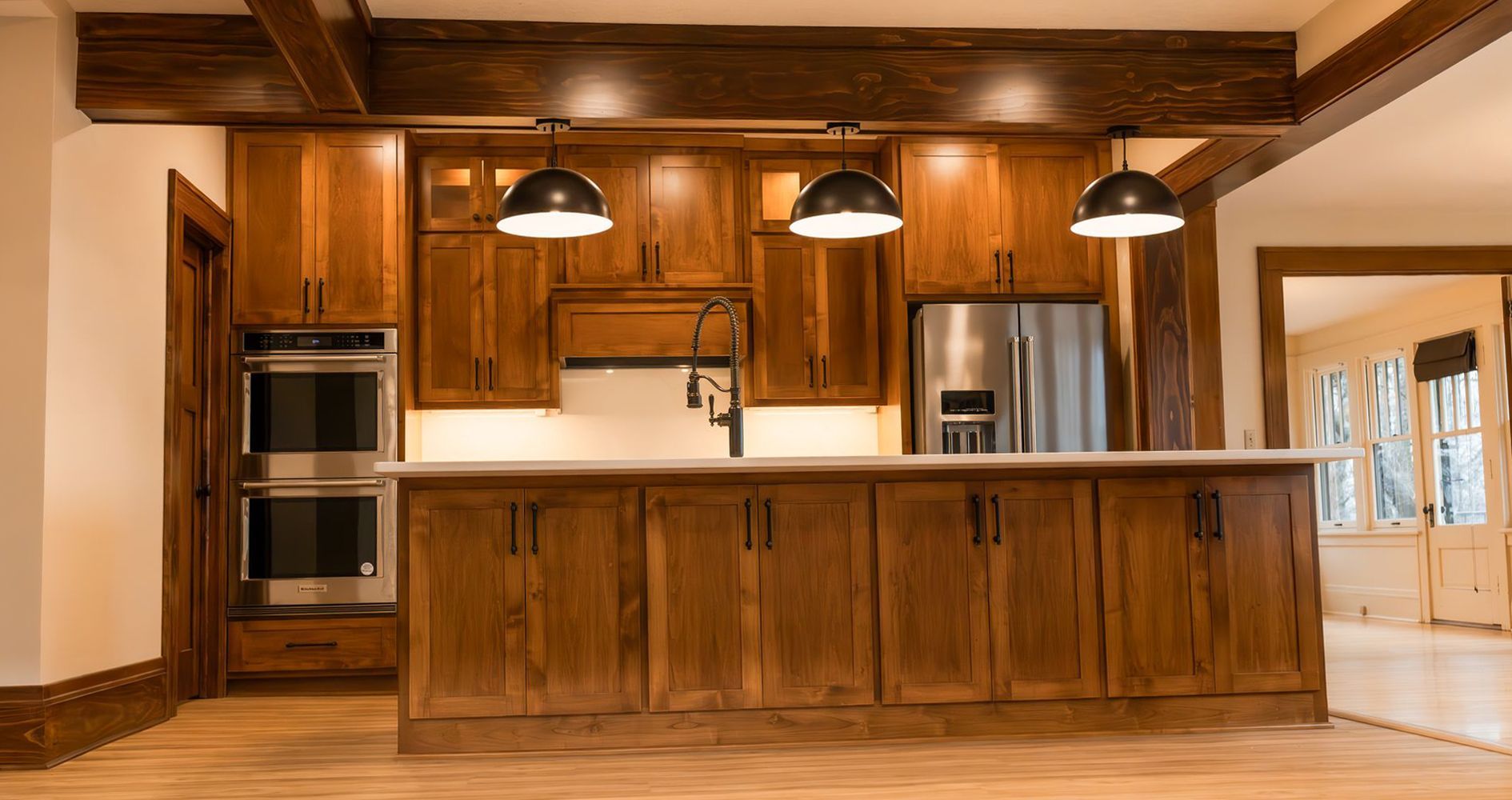 A kitchen with wooden cabinets, stainless steel appliances, and a large island.