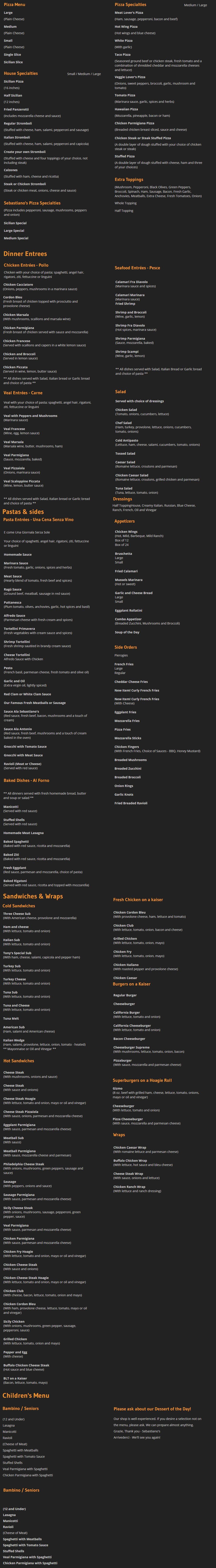 Sebastiano's Italian Restaurant and Pizzeria Menu Reading