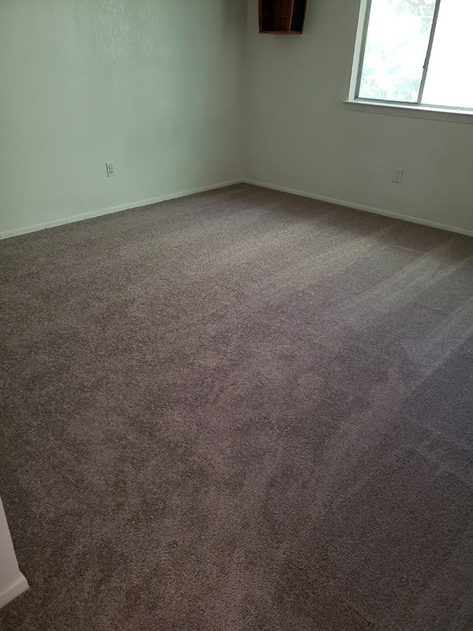 A bedroom with a large carpeted floor and a window.