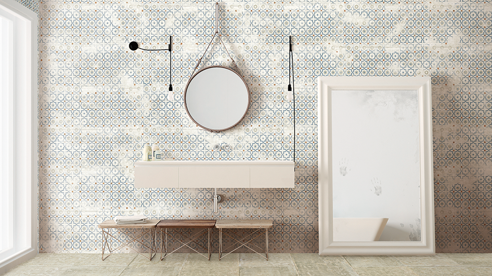 A bathroom with a sink , mirror and picture frame.
