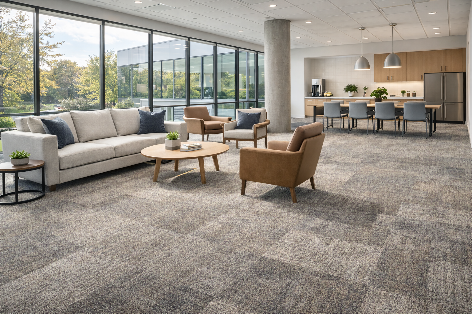 Spacious modern lounge with couches, armchairs, coffee table, and large windows overlooking trees.