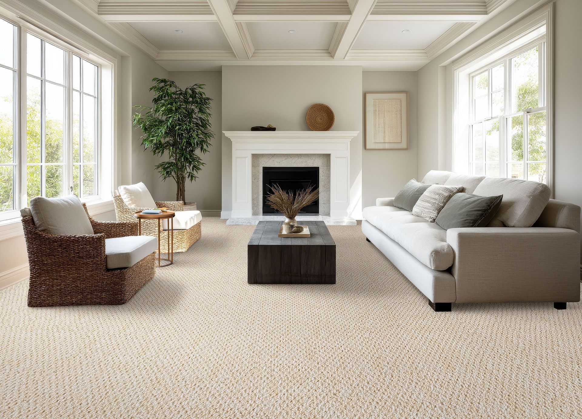 Living room with beige carpet, white walls, fireplace, and neutral-toned furniture.
