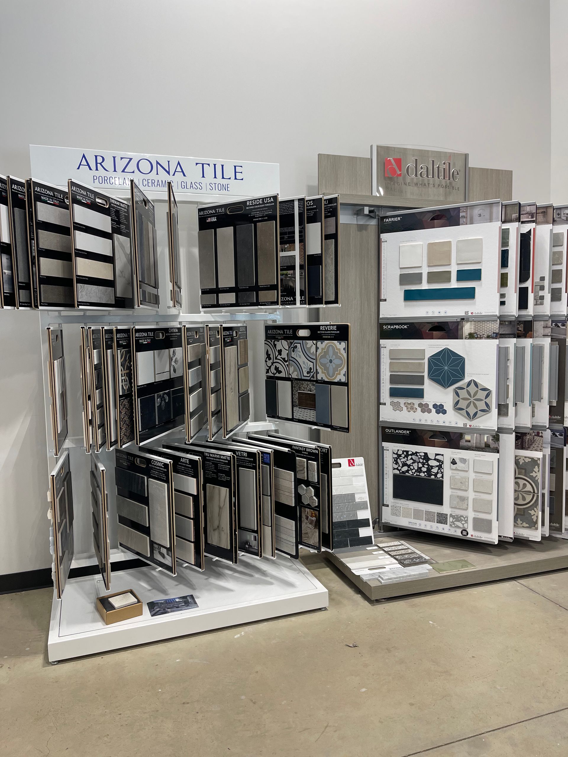 There are many different types of tiles on display in this store.