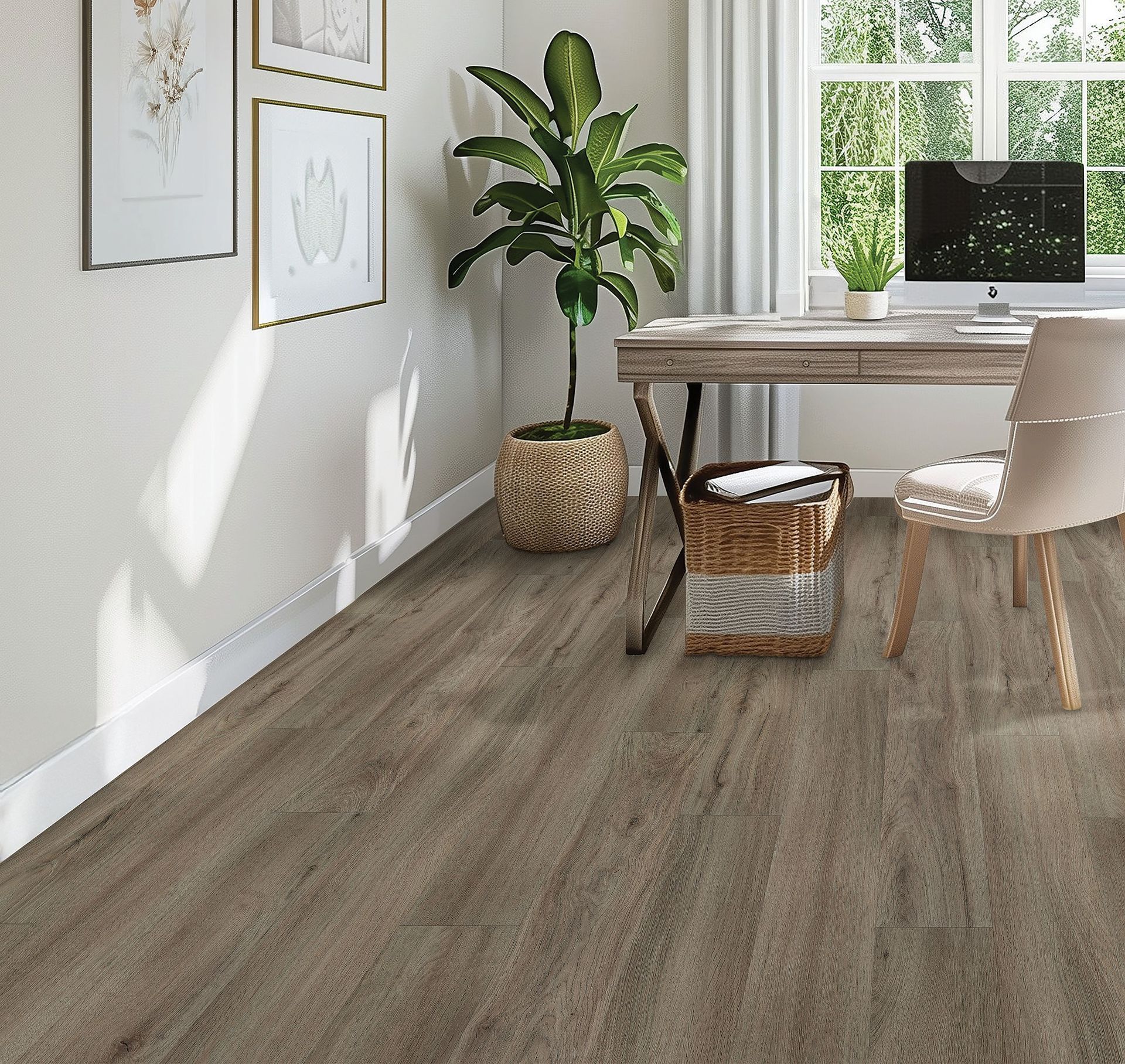Wooden floor in a home office with a desk, chair, plant, window, and framed art.